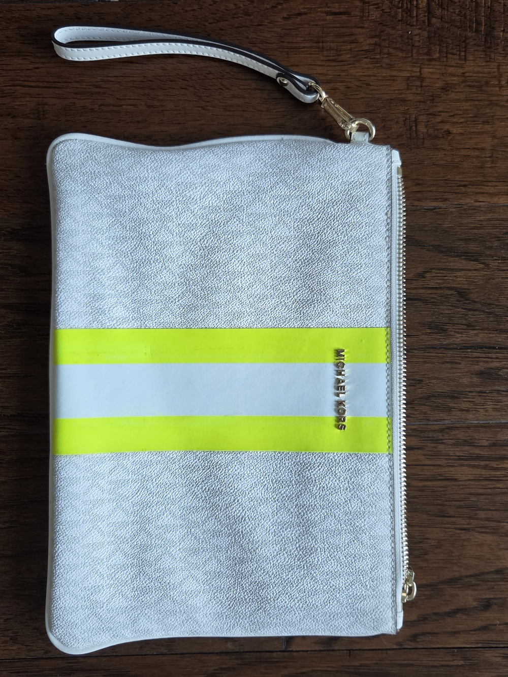 Michael Kors White Wristlet with Neon Yellow Stripe